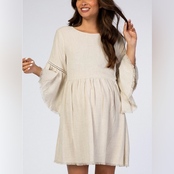 PINKBLUSH Beige Raw Edge Bell Sleeve Babydoll Maternity Dress Size Medium - Picture 4 of 10